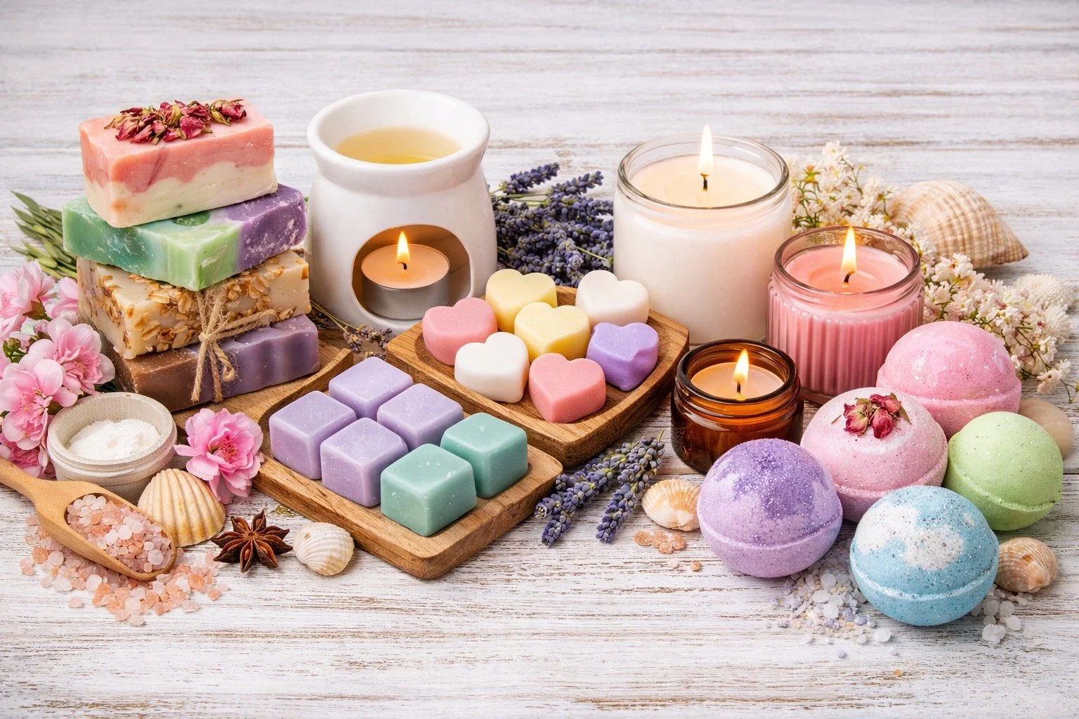 A spa scene with colorful soap bars, candles, bath bombs, seashells, lavender flowers, and a small bowl of bath salts on a white wooden surface.