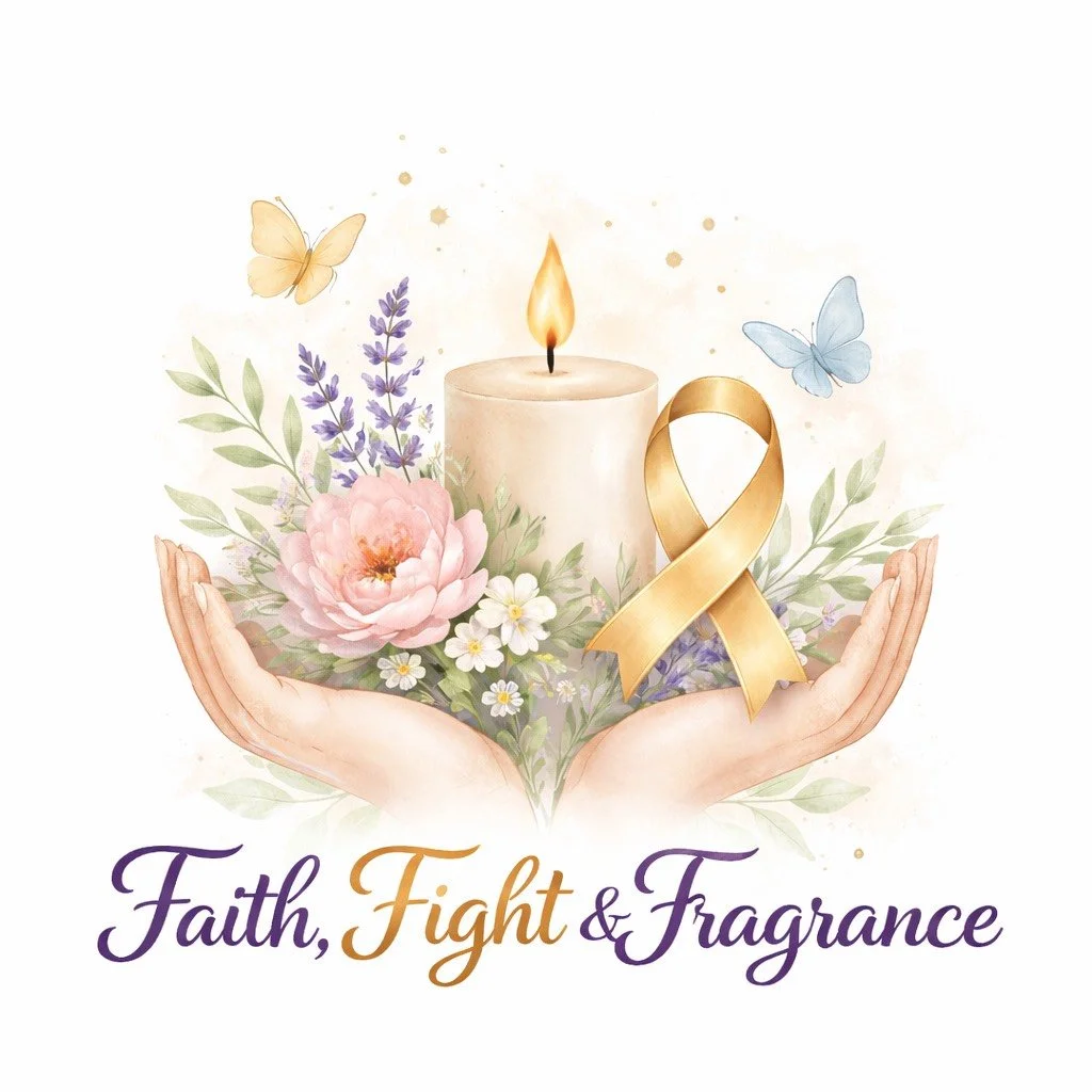 A digital illustration featuring a hand holding a bouquet of flowers, a lit white candle, a gold awareness ribbon, and two butterflies, with the words 'Faith, Fight & Fragrance' written below.