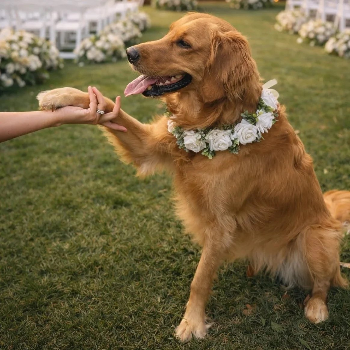 A golden retriever wearing a white floral collar, sitting on grass and holding a person's hand in its paw during a wedding celebration at an outdoor venue with white chairs and flowers.