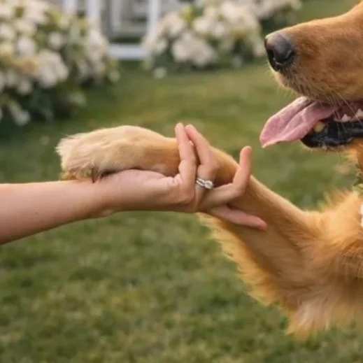 Golden retriever wearing a white floral collar exchanging a handshake with a person's hand at an outdoor wedding ceremony.
