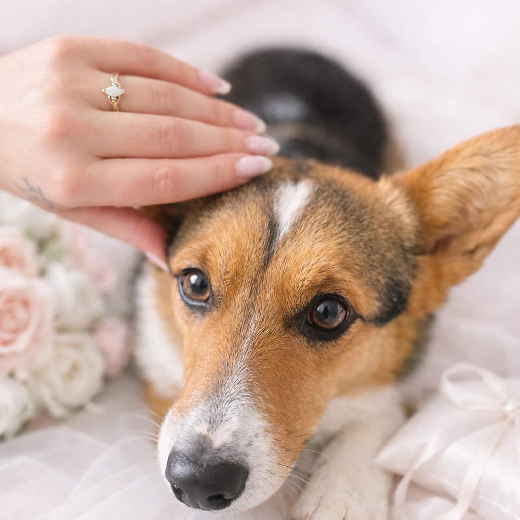 A person gently petting a cute, brown, black, and white puppy, with soft pink roses and a white ribbon in the background.