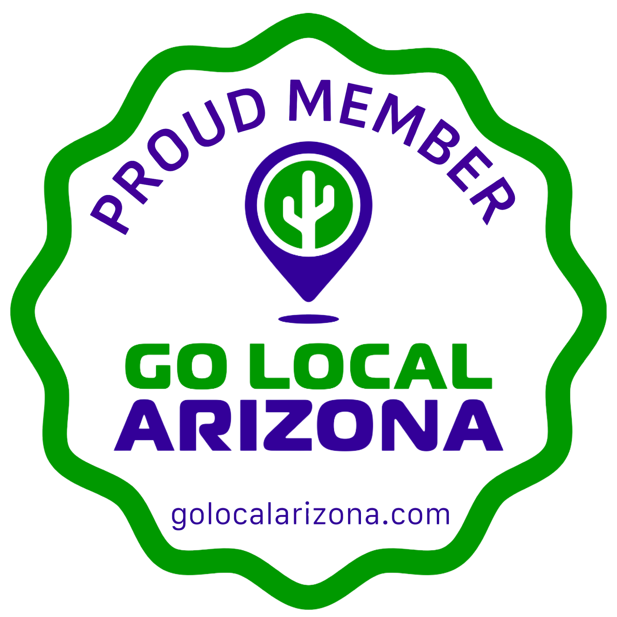 Sticker with green and purple text that says 'Proud Member', a location pin with a cactus inside, and phrases 'Go Local Arizona' and 'golocalarizona.com'.