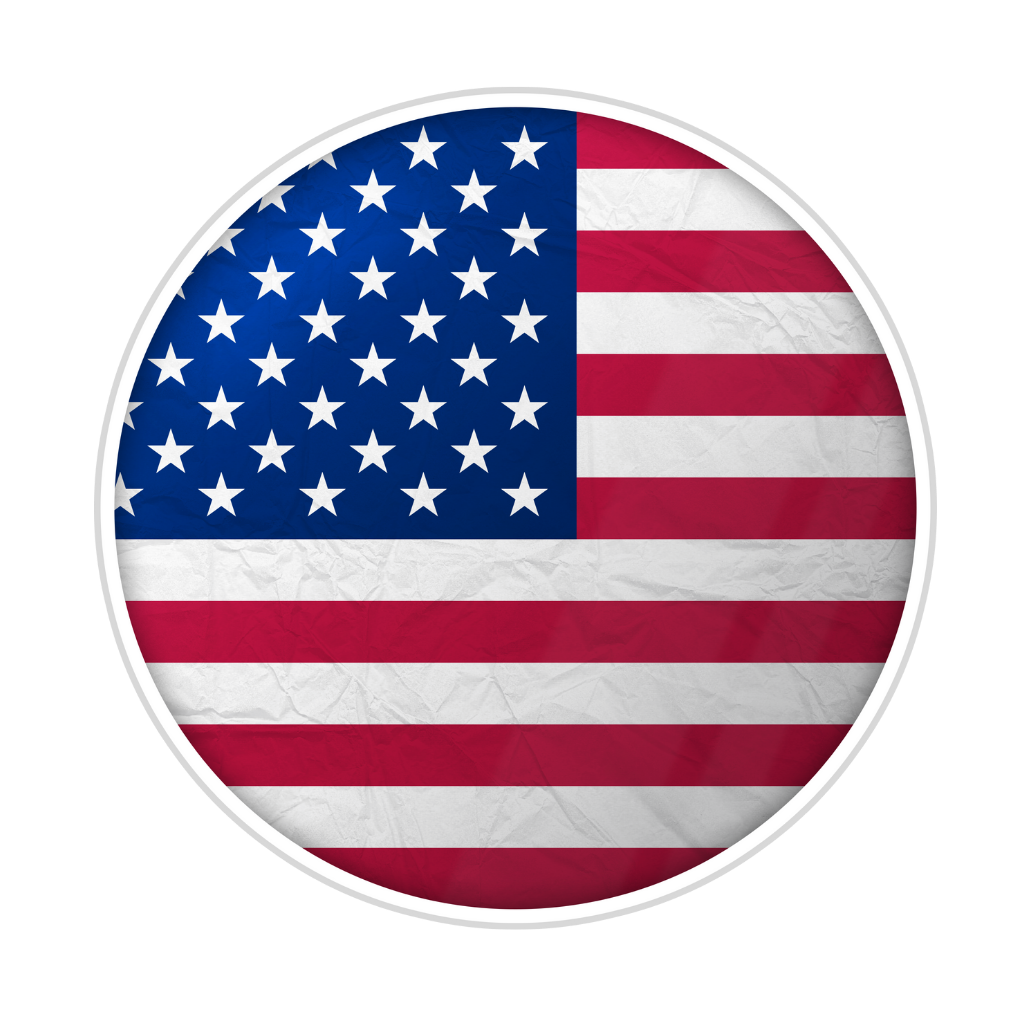 Round icon featuring the American flag with stars and stripes, crumpled paper texture, enclosed in a white circular border.