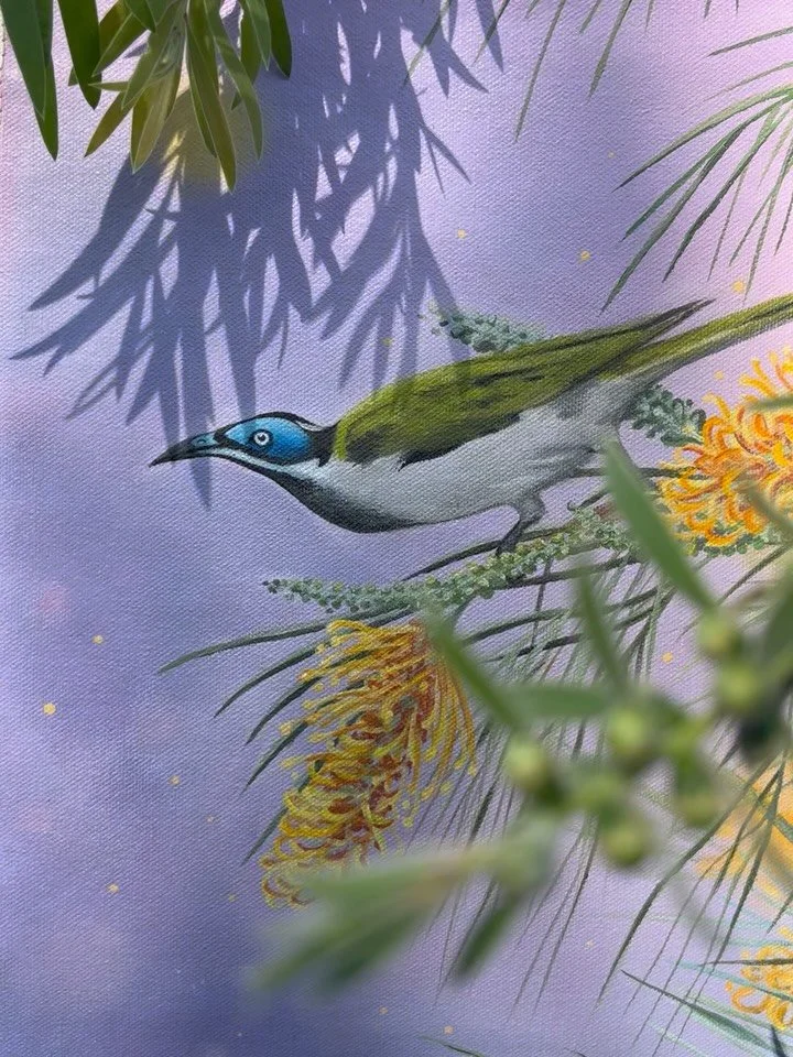 Blue faced Honeyeater 🍯 

Enjoying the sweet grevillea treat

✨FOR SALE✨

This painting is done with acrylics and I sewed the canvas myself. 

Message if you would love to have this artwork on your wall or gift it to a loved one.

#artforsale #artof