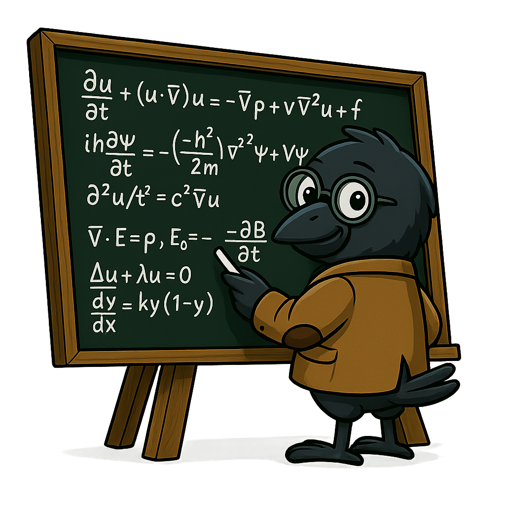 An animated black bird wearing glasses and a brown jacket, standing in front of a chalkboard with complex mathematical equations written on it.