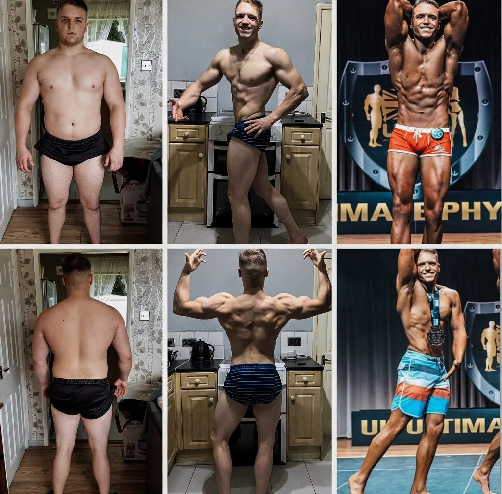 Progression photos of a man transforming from a less muscular physique to a fit body, shown in six stages across three columns with front, back, and side views, culminating in him winning a bodybuilding competition.
