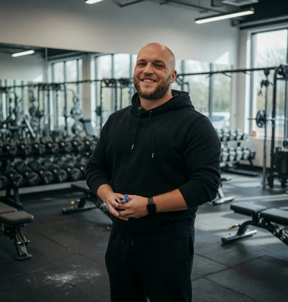 A smiling man with a beard standing in a gym surrounded by weights and workout equipment.