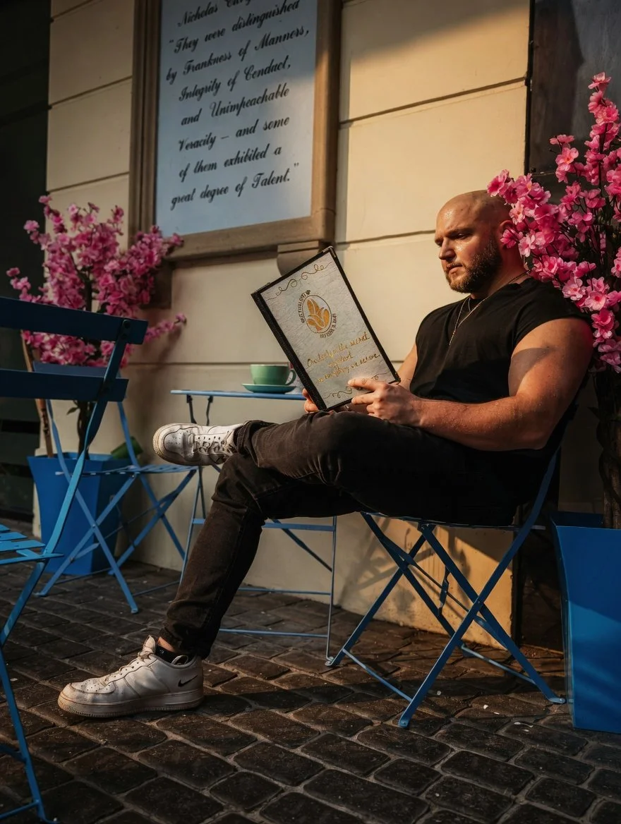 A man sitting outside on a blue chair at a small table, reading a menu or book, with a pink flowering plant on either side and a sign on the wall behind him.