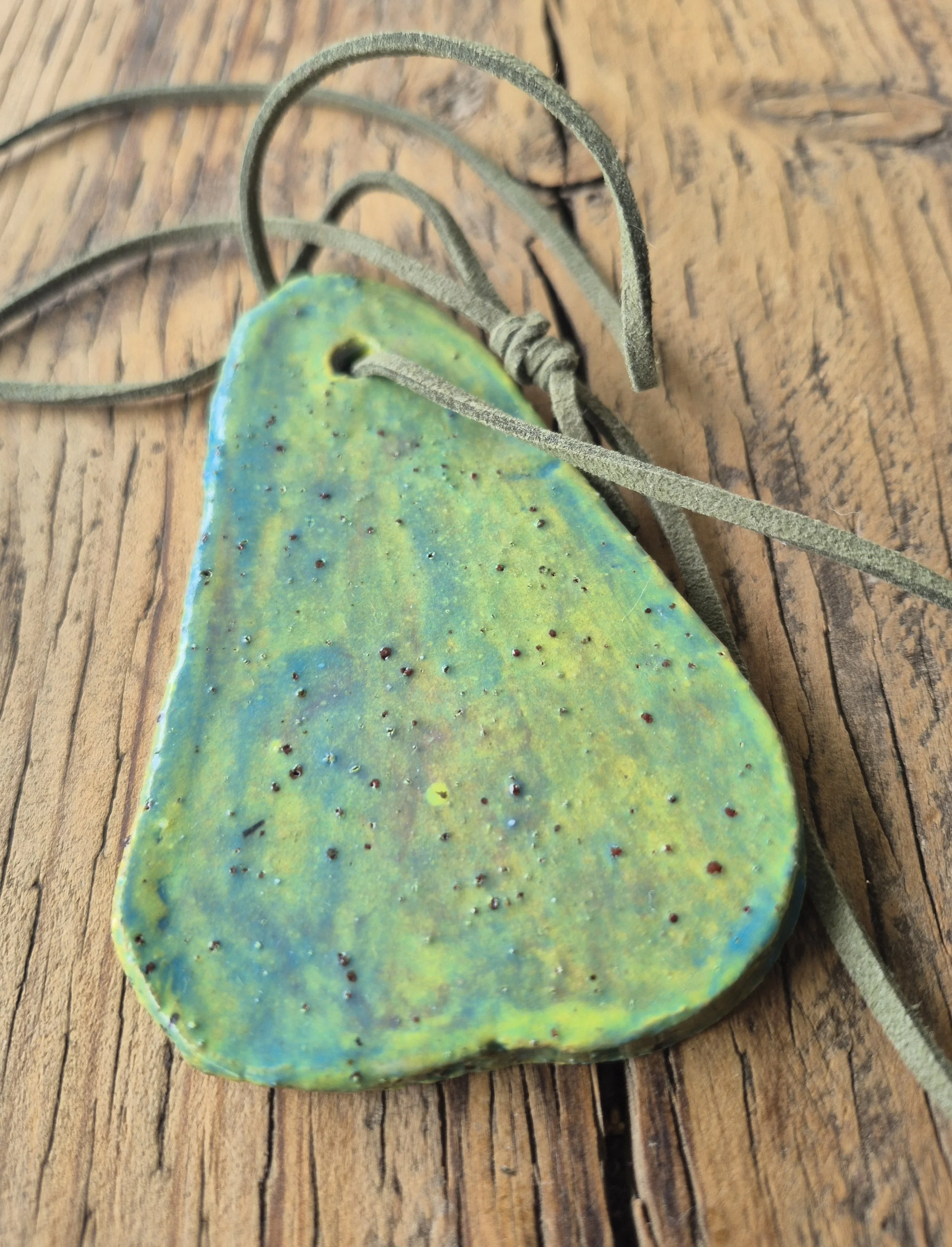 Pear Pottery Necklace with Green Leather Strap