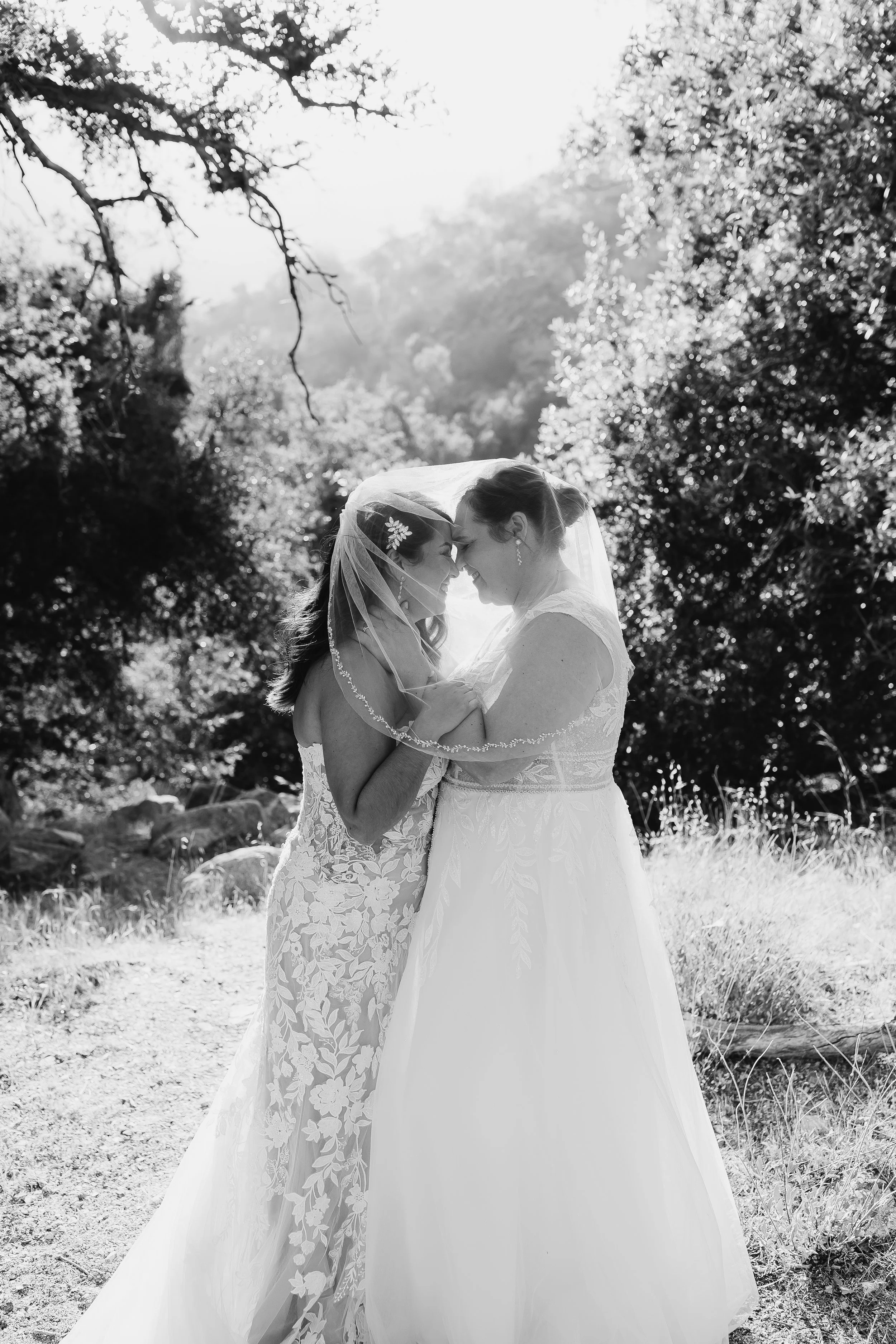 Two brides smiling together underneath a bridal veil during golden hour.