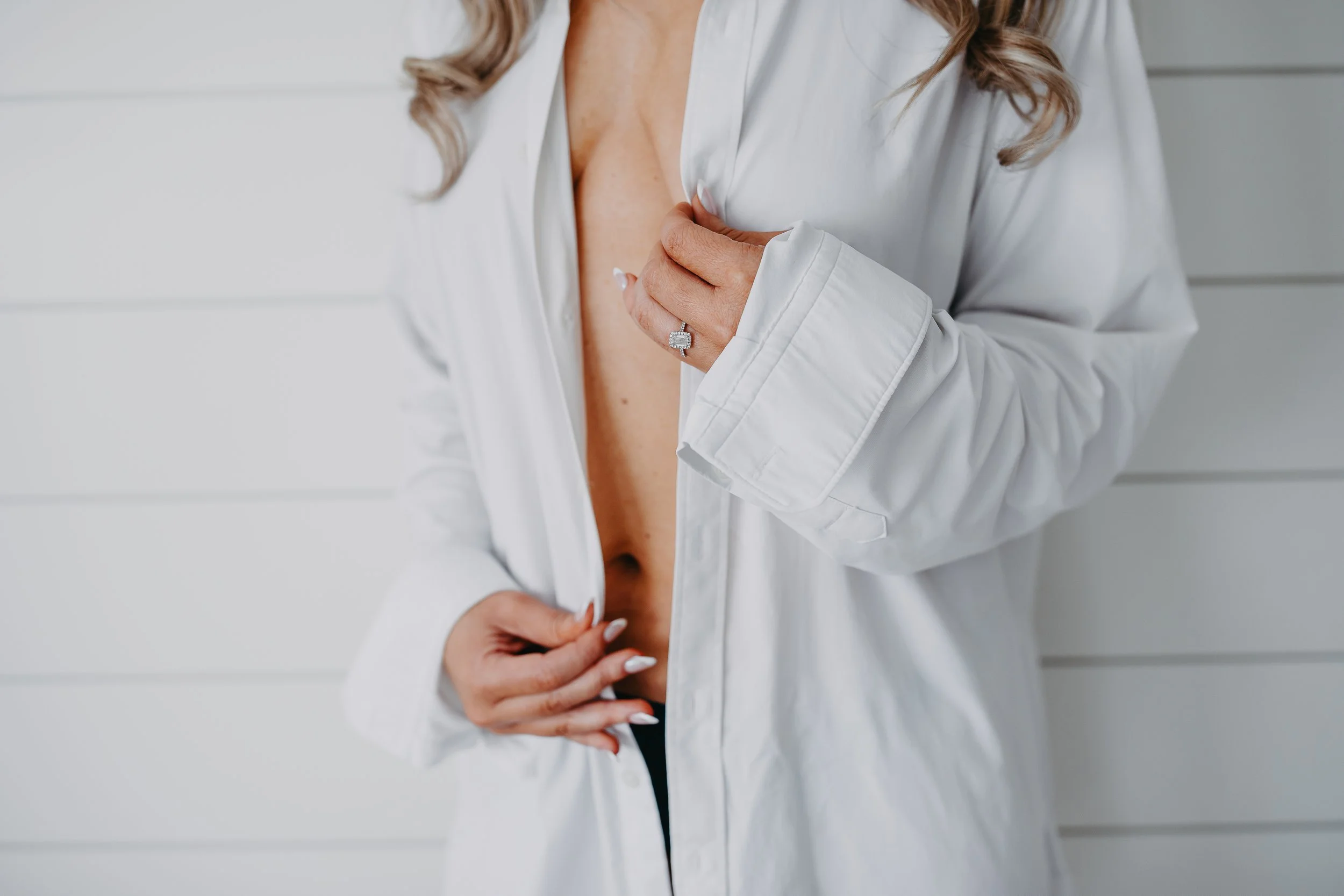tastefully naked bride in white button down shirt