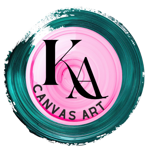 Colorful circular logo with pink and teal paint swirls and the text 'KA Canvas Art' in the center.