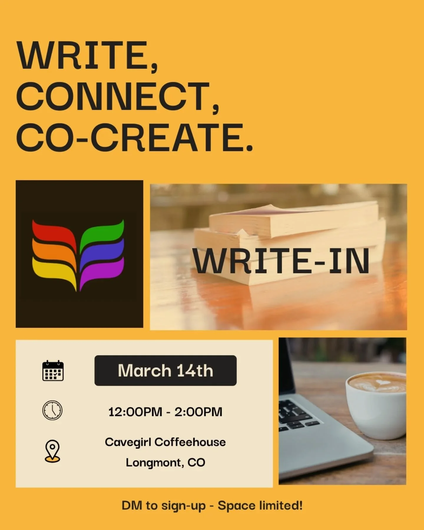 Want to write alongside other writers and authors? Come join the Celerity team on March 14th in #Longmont at @cavegirlcoffeehouse 💻☕

There is a conference room booked, and space is limited. DM to sign up!

Have questions? DM or comment below👇