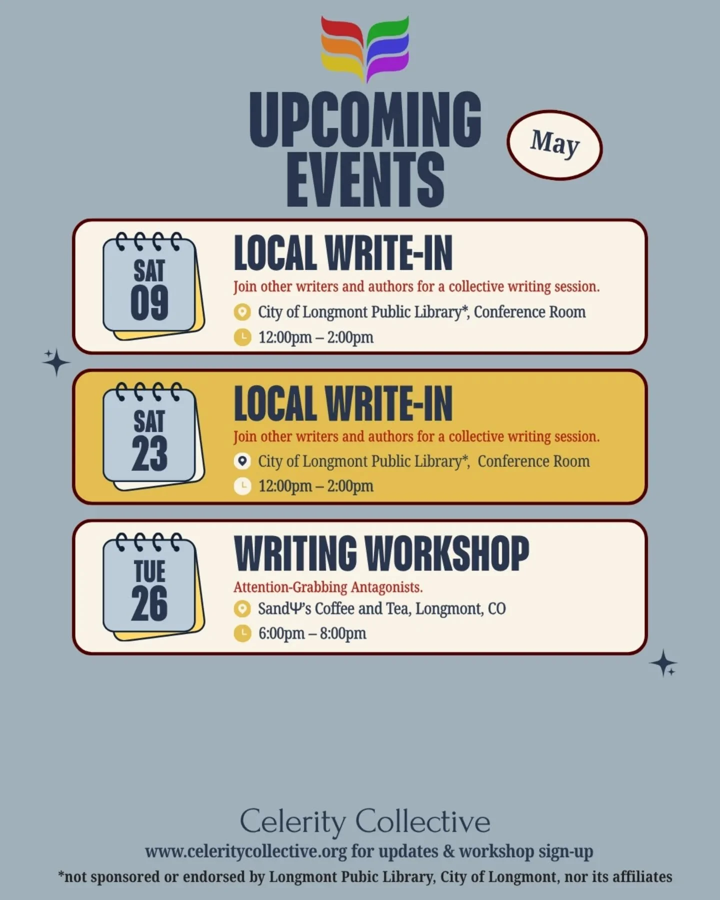 Happy May!🌸

Starting today, on the 1st of every month, Celerity will post our upcoming writing events, along with recent and upcoming book releases.📚

🏳️&zwj;🌈🏳️&zwj;⚧️Queer, neurodivergent, or disabled indie author with a recent or upcoming re