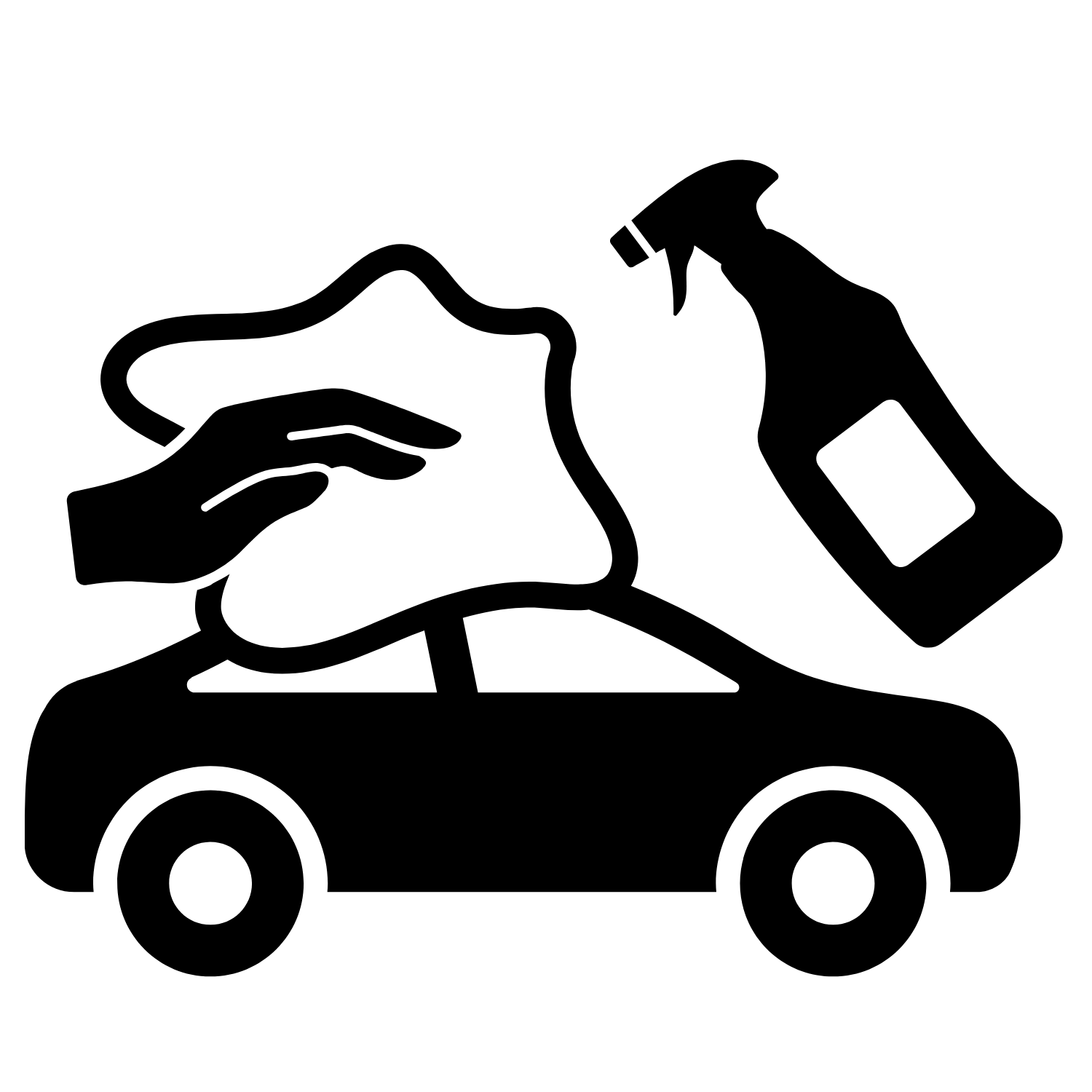 Black and white outline of a dog walker walking five dogs on leashes in a park or sidewalk area.