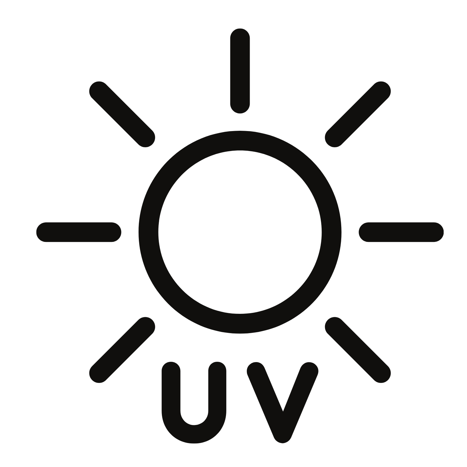 A black and white icon of the sun with rays extending outward.