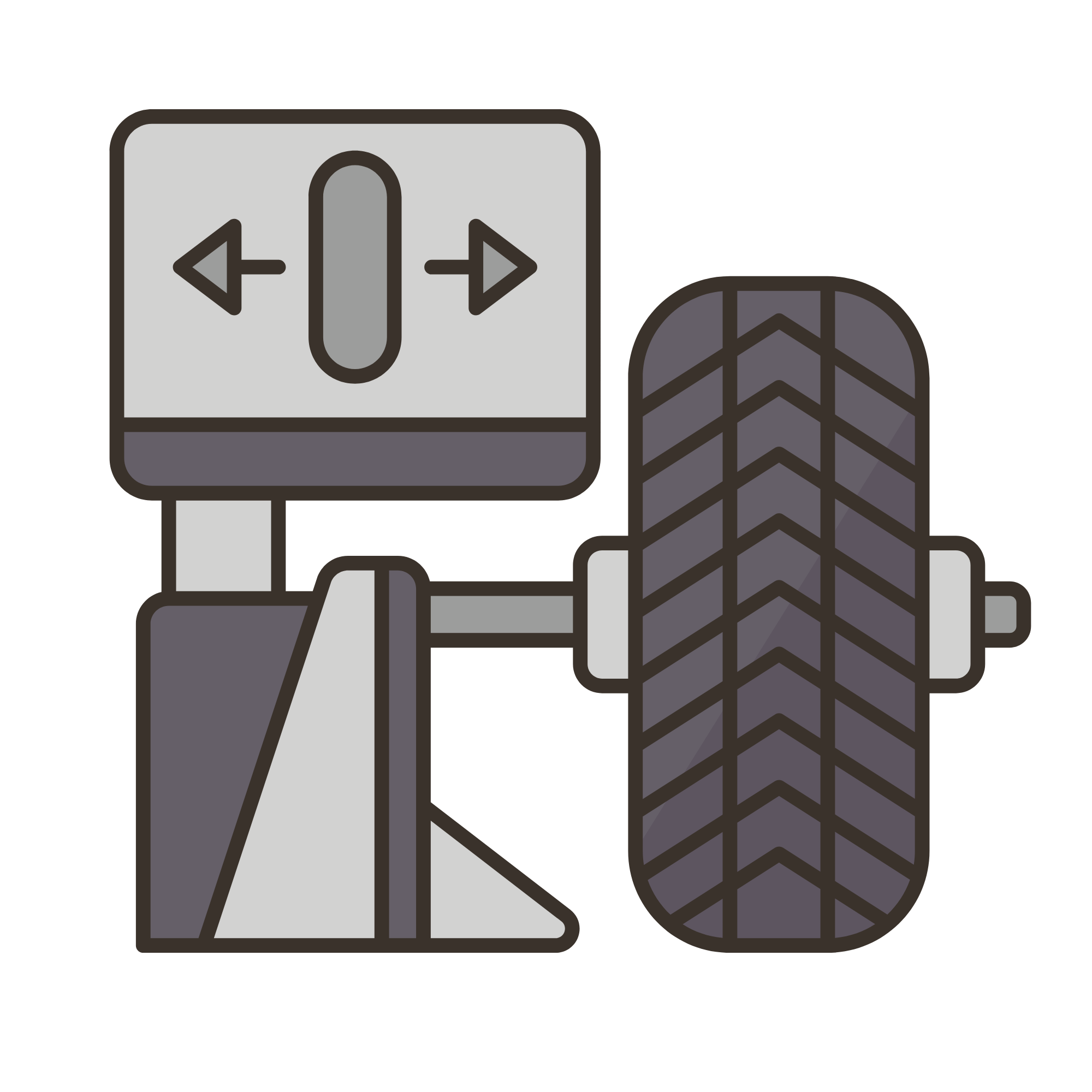 Graphic of an elevator control panel with left and right arrows and a close button, next to a tire tread pattern.