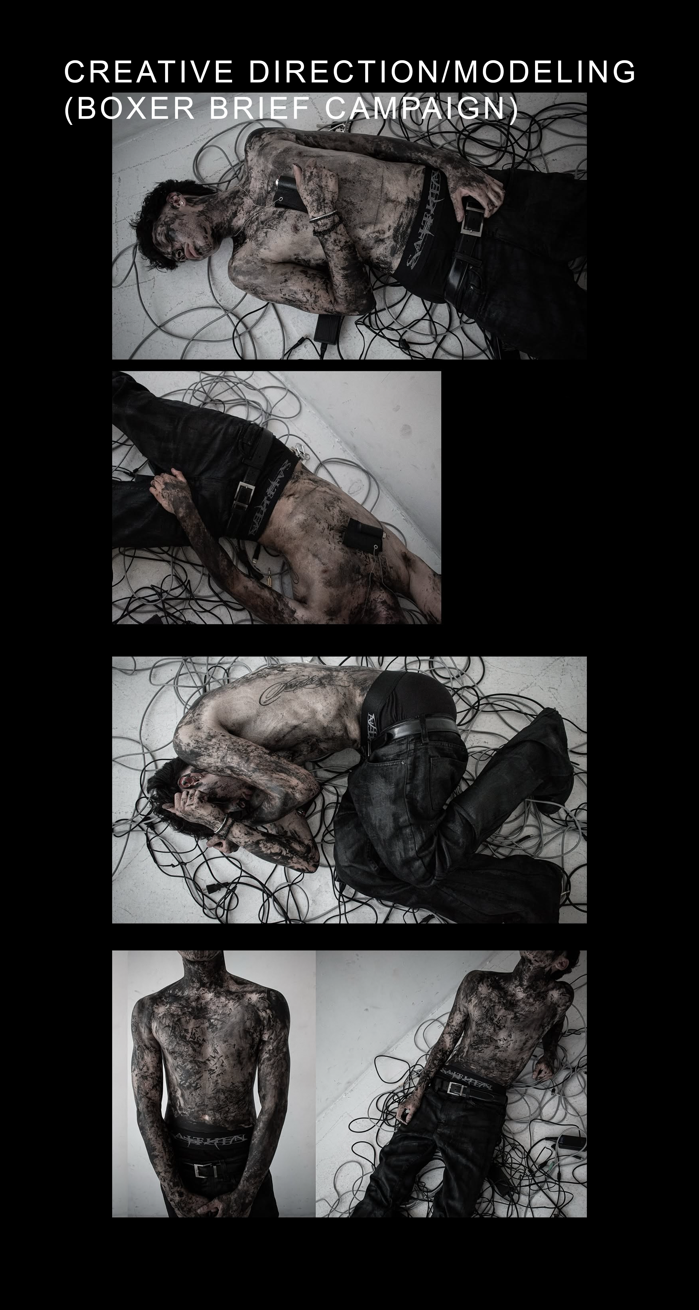 A male model covered in mud lying on the floor in various poses, with black underwear and jeans, surrounded by black wires for a creative modeling campaign titled 'Boxer Brief Campaign'.