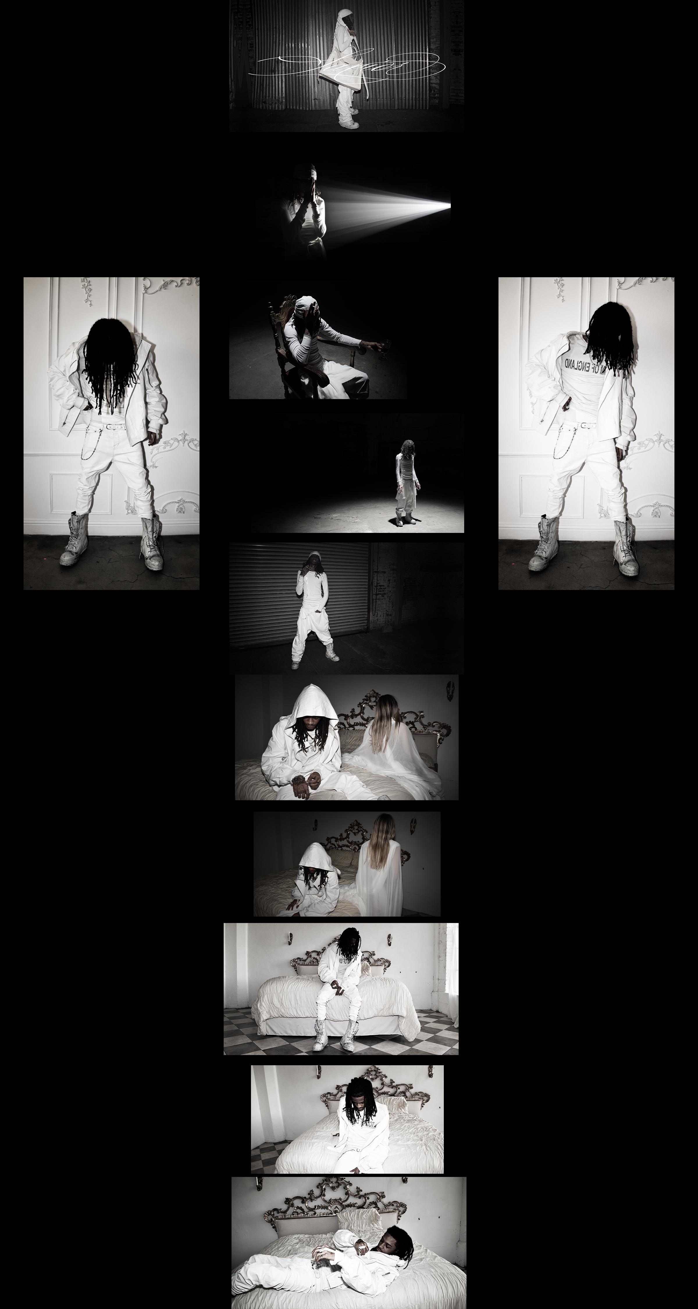 A collage of black-and-white photos featuring a person with dreadlocks dressed in white, in various poses and settings, including standing, sitting, and lying on a bed.