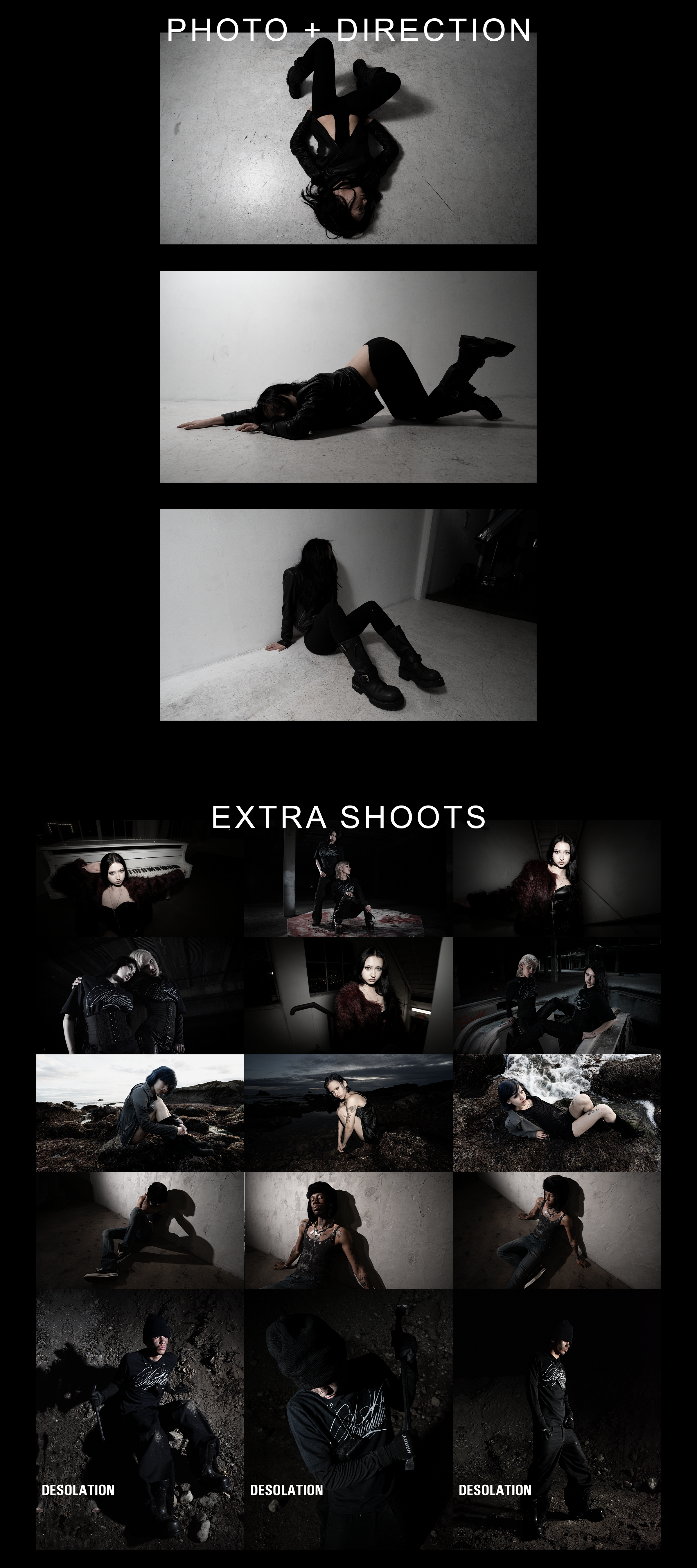 A collage of photos featuring models in various poses and settings, with three shots at the top showing models lying or sitting on the floor in minimalist, monochrome environments, followed by a section labeled 'Extra Shoots' with portraits and outdoor scenes of models in dark clothing and moody lighting, and final shots titled 'Desolation' showing models in rugged outdoor settings at night.