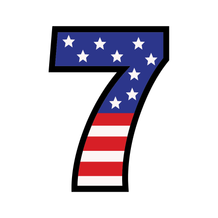 A large number 7 decorated with an American flag pattern, featuring stars on a blue background at the top and red and white stripes below.