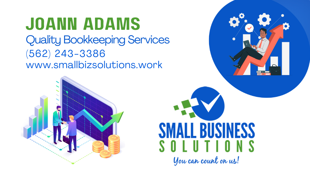 Business card for Joann Adams offering quality bookkeeping services, featuring illustrations of financial growth, charts, and small business solutions with contact information and website.