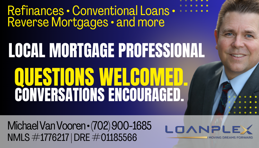 Business advertisement for a local mortgage professional, featuring a smiling man in a suit, with text promoting refinancing, conventional loans, reverse mortgages, and emphasizing welcoming questions and conversations.
