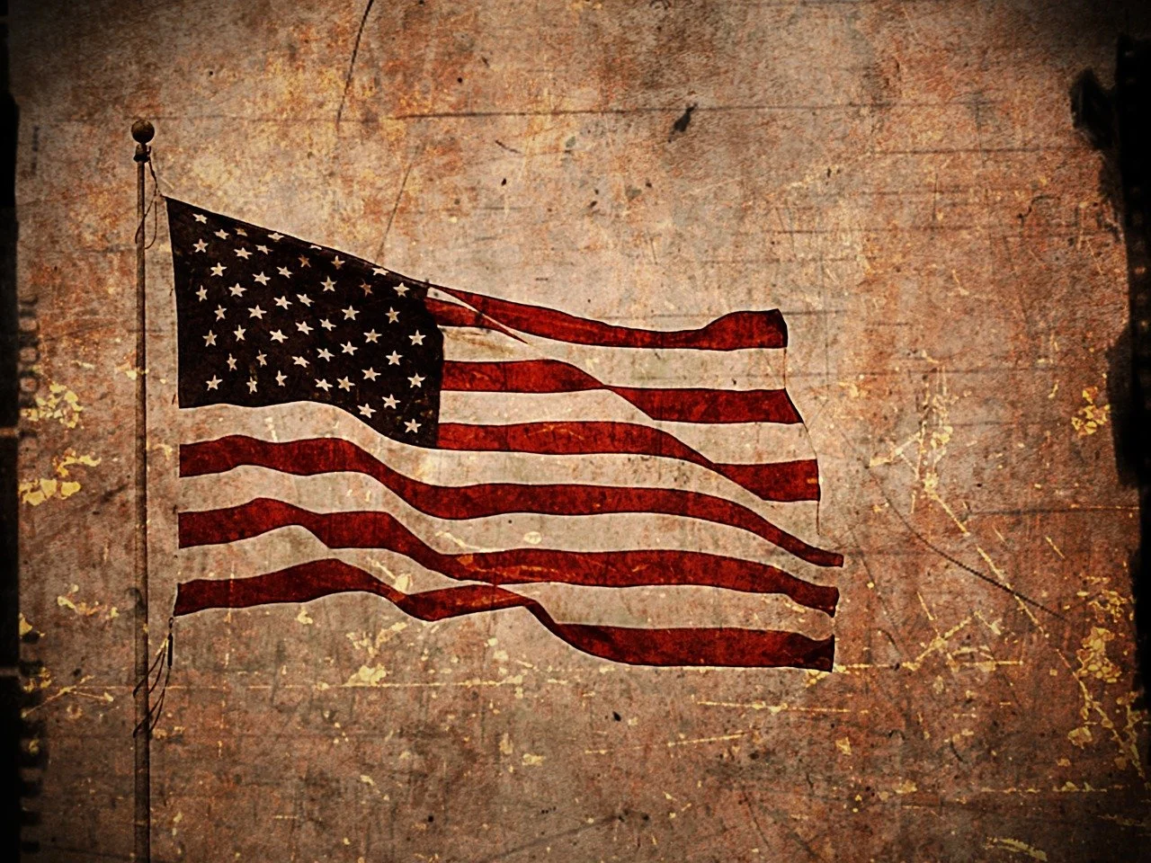 An American flag with tattered, weathered stripes and stars, flying against a textured, distressed background.