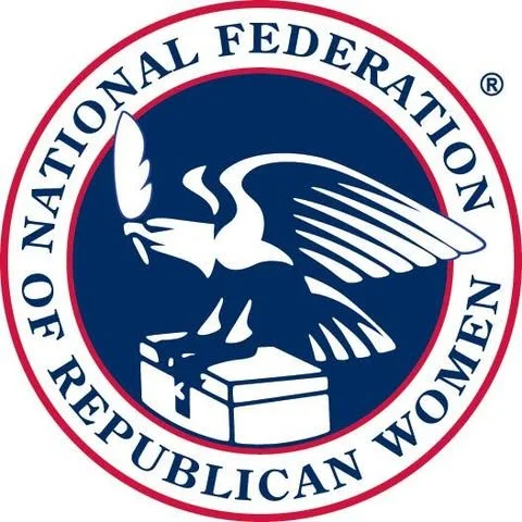 Emblem of the National Federation of Republican Women featuring a white dove holding an olive branch and standing on a podium, surrounded by a blue circle with red and white borders.