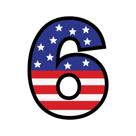 Number 6 with an American flag design, featuring white stars on a blue background at the top and red and white stripes at the bottom.