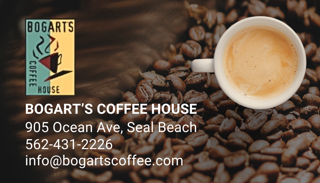 Business card for Bogart's Coffee House featuring coffee beans as background, logo with steaming coffee mug, and contact information.