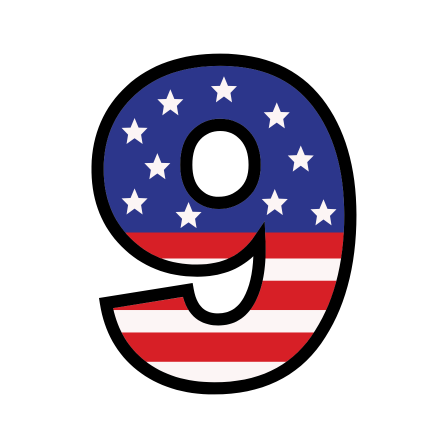 Number nine with an American flag design, featuring stars and stripes.