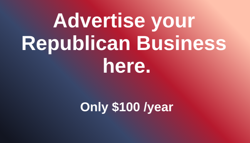 A promotional graphic with a red, white, and blue gradient background advertising space for a Republican business, priced at $100 per year.