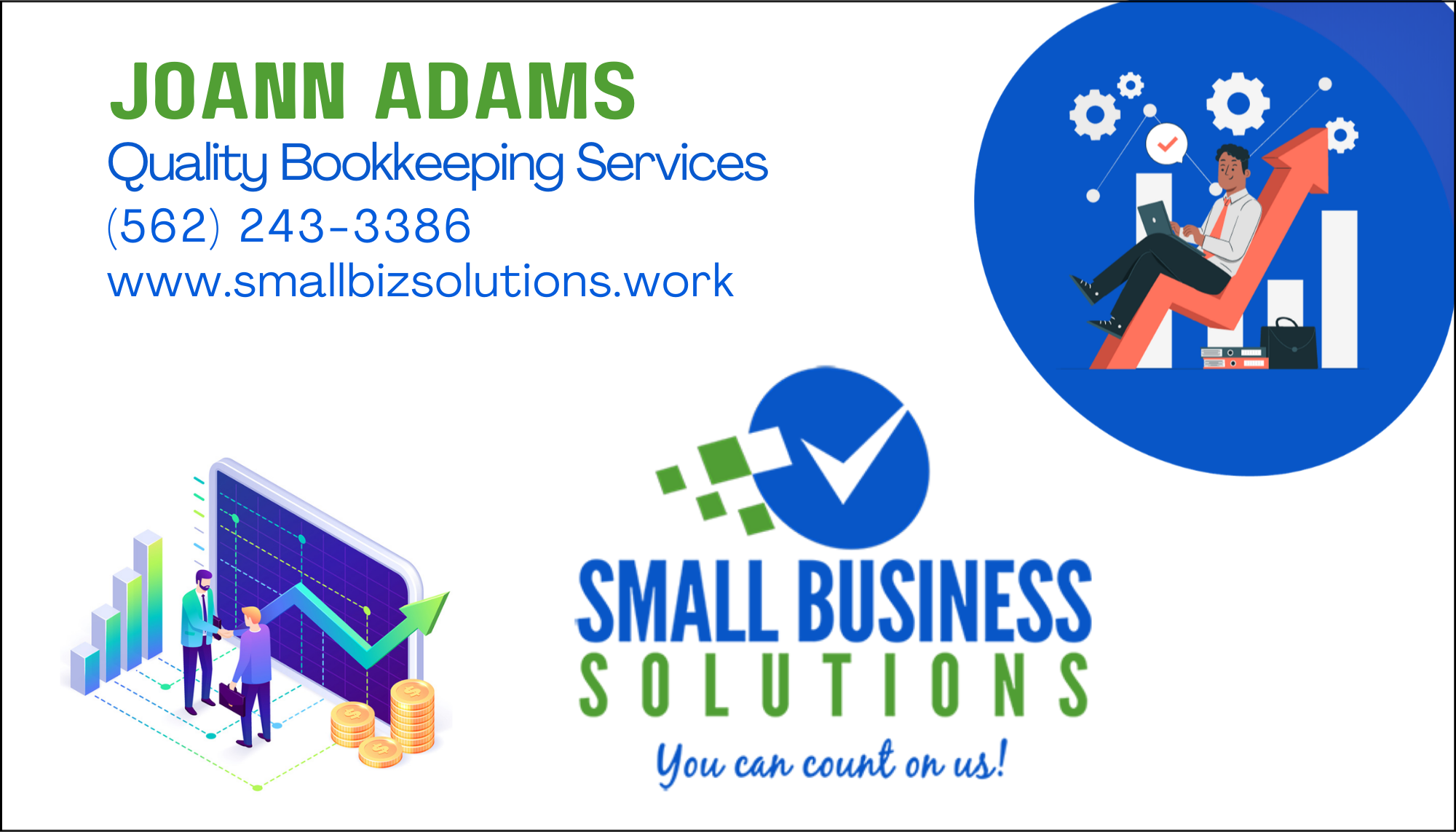Business card for Joann Adams offering quality bookkeeping services, featuring illustrations of financial growth, charts, and small business solutions with contact information and website.