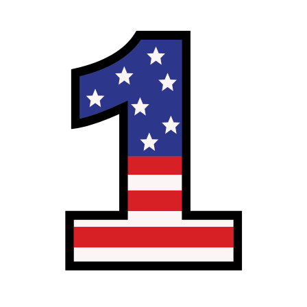 Number one with American flag design, stars on top, red and white stripes below.