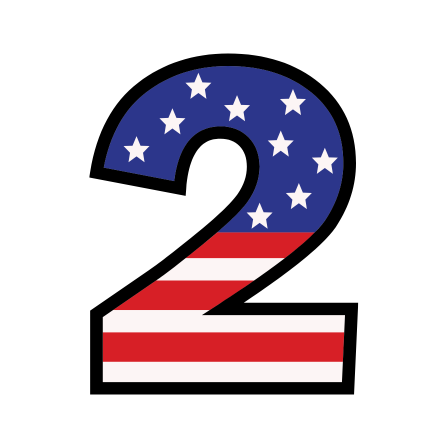Number 2 with an American flag pattern, featuring blue with white stars at the top and red and white stripes at the bottom.