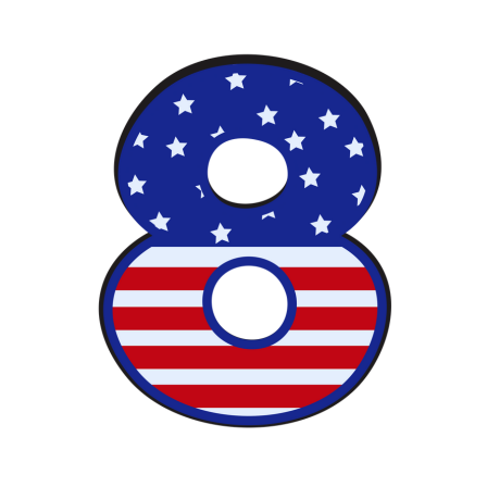 Number 8 with an American flag pattern, featuring stars on the top half and red and white stripes on the bottom half.
