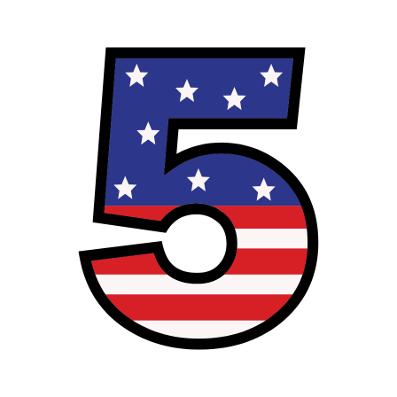 Number 5 with a design of the American flag, featuring white stars on a blue background and red and white stripes.