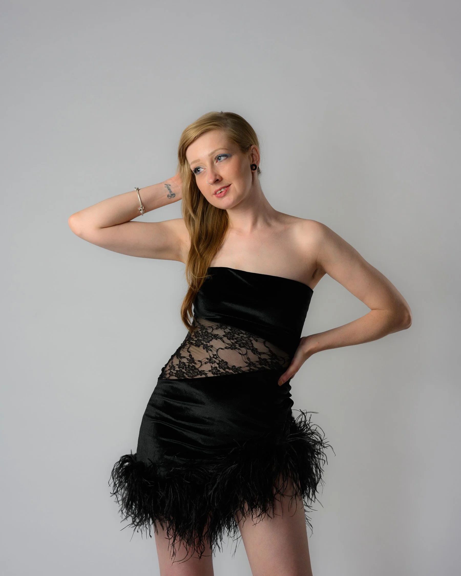 Feather detail contrast mini dress