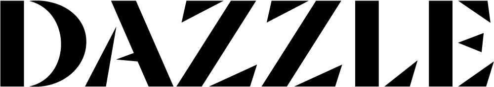 Bildet viser teksten 'DAZZLE' i store, kantete bokstaver med en minimalistisk design på svart bakgrunn.
