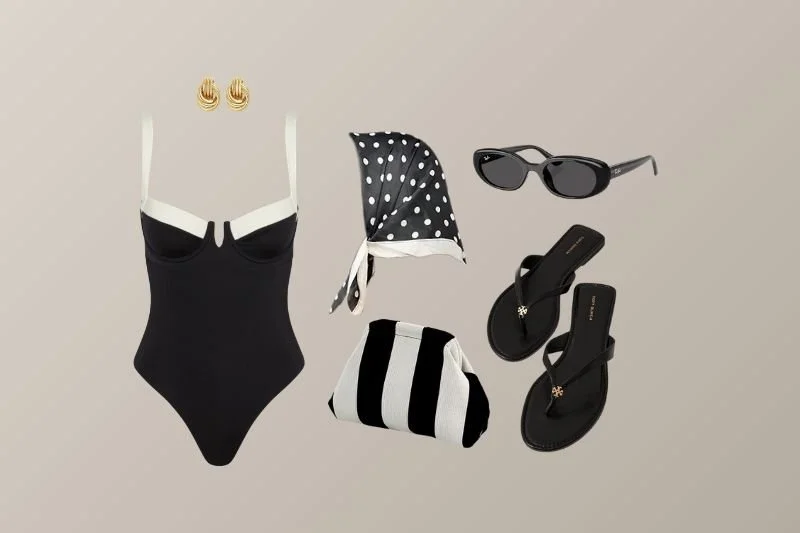 A black one-piece swimsuit with white accents, gold hoop earrings, polka dot headscarf, black sunglasses, black sandals, and a striped clutch or small bag.