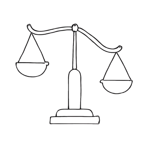 Line drawing of a balance scale with two pans.