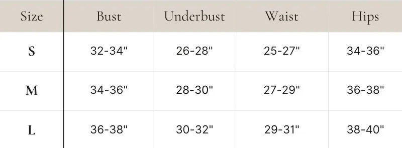 Size chart for clothing with measurements for bust, underbust, waist, and hips in small, medium, and large sizes.