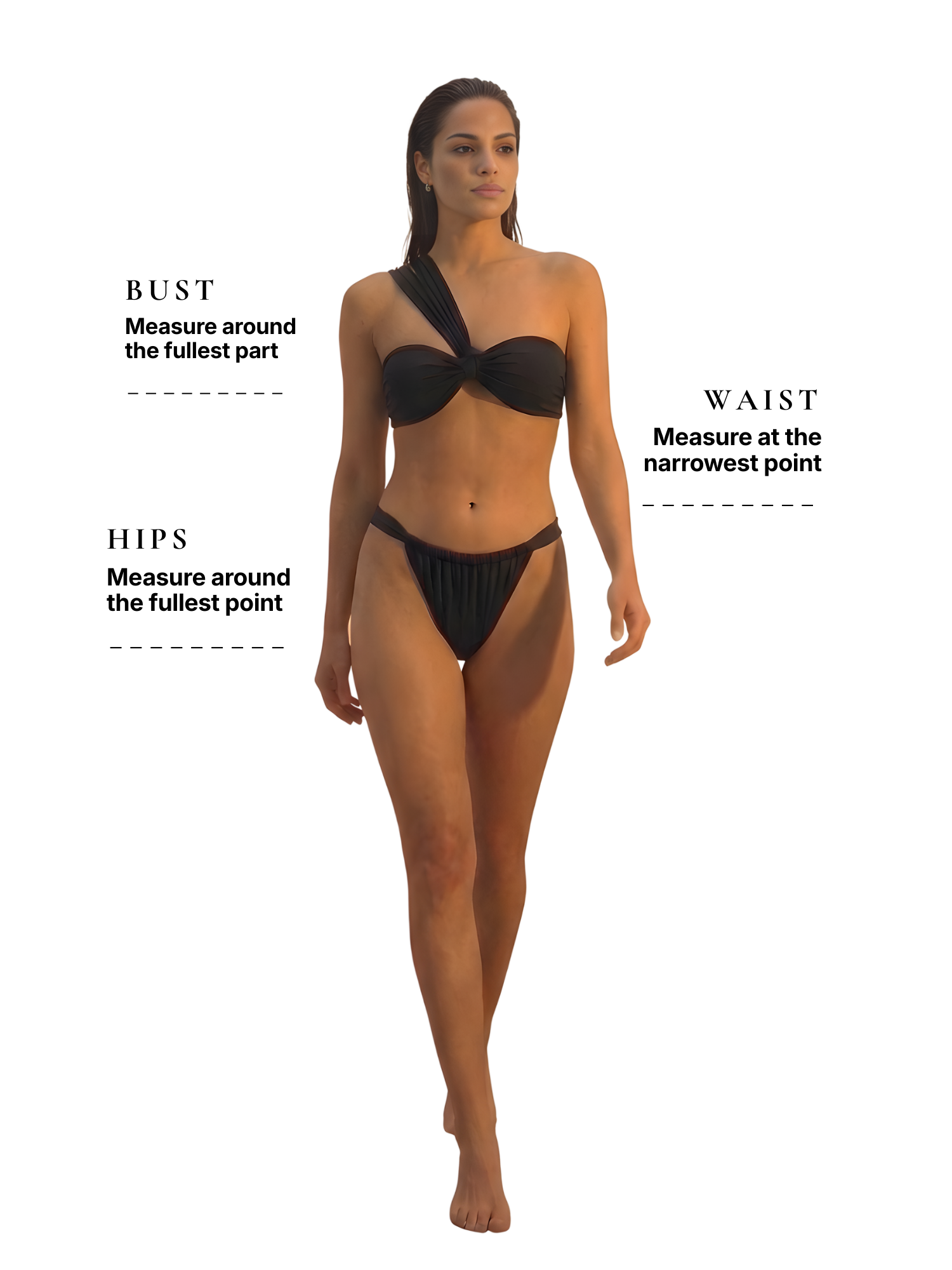 A woman walking in a black bikini with a knotted top and high-cut bottom.