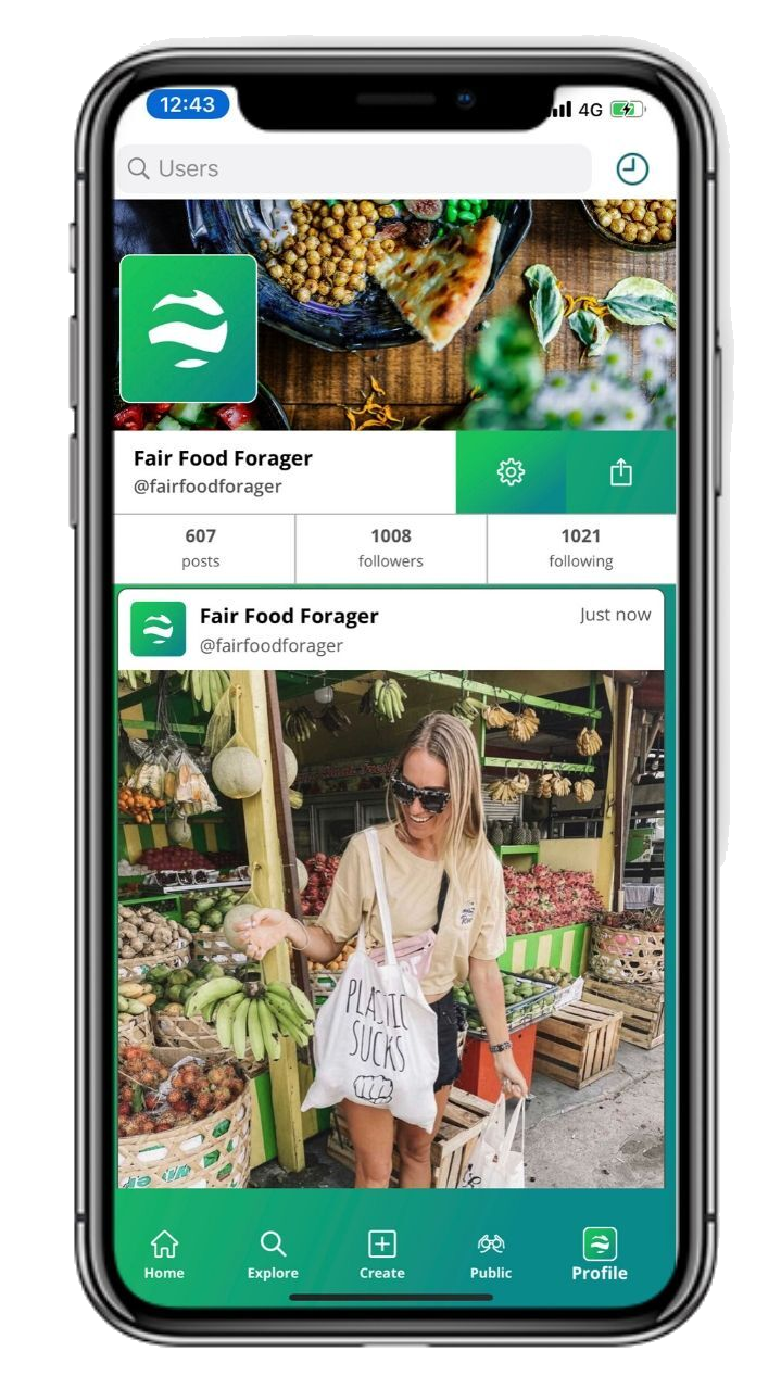 A mobile phone screen displaying a social media profile for 'Fair Food Forager'. The profile shows a profile picture with a green logo, the username, and follower statistics. Below the profile info, there is a photo of a woman at an outdoor market holding a bag that reads 'Plastic Sucks', with various fruits and vegetables around her.
