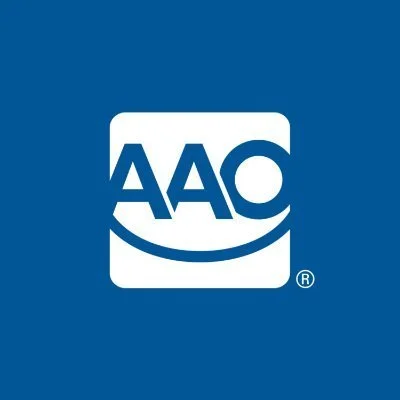 Logo with the text 'AAO' inside a white square and a curved line beneath it, on a blue background.
