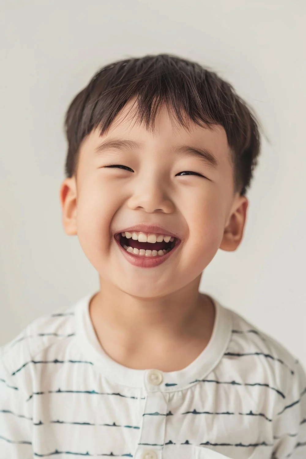 A young boy smiling joyfully, showing teeth, with dark hair, wearing a striped shirt.