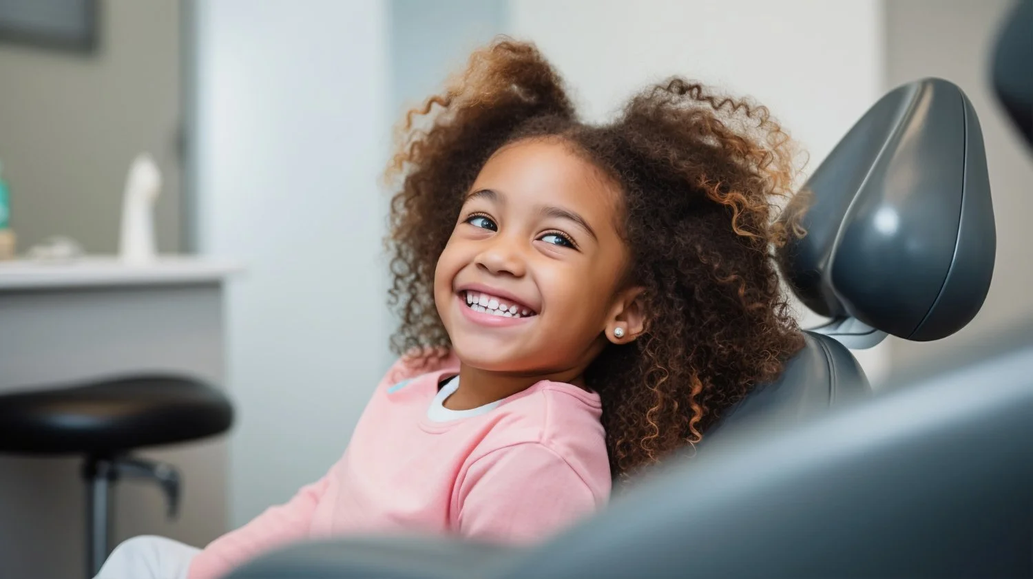 A young girl with curly hair sitting in a dental chair, smiling happily.