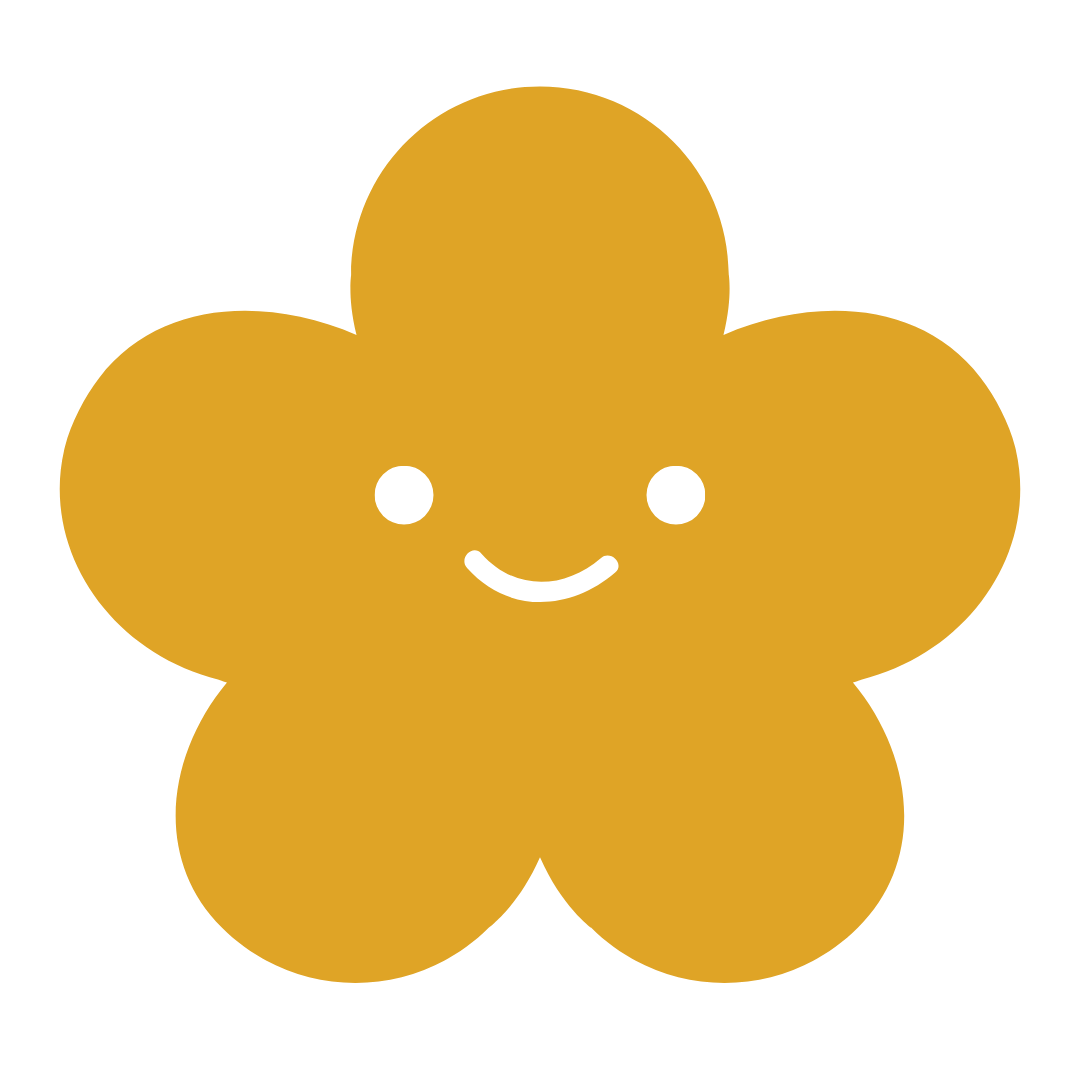 Cute cartoon flower with a smiling face, white eyes, and a small smile, colored in gold on a black background.