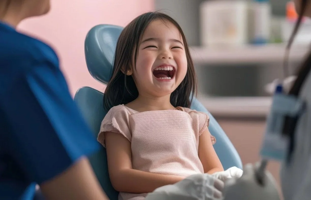 A young girl with long dark hair smiling and laughing while sitting in a dental chair during a dental visit.